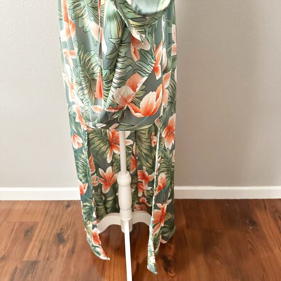 Akira Strapless Green Tropical Floral Flowy Slit Maxi Dress women’s size medium - Picture 4 of 11